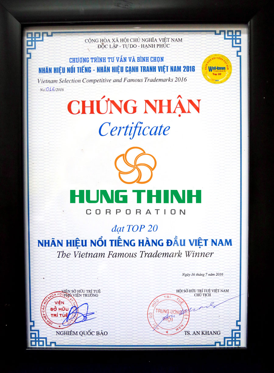 Hung Thinh Corp vinh dự đạt giải thưởng “Top 20 Nhãn hiệu nổi tiếng hàng đầu Việt Nam 2016”